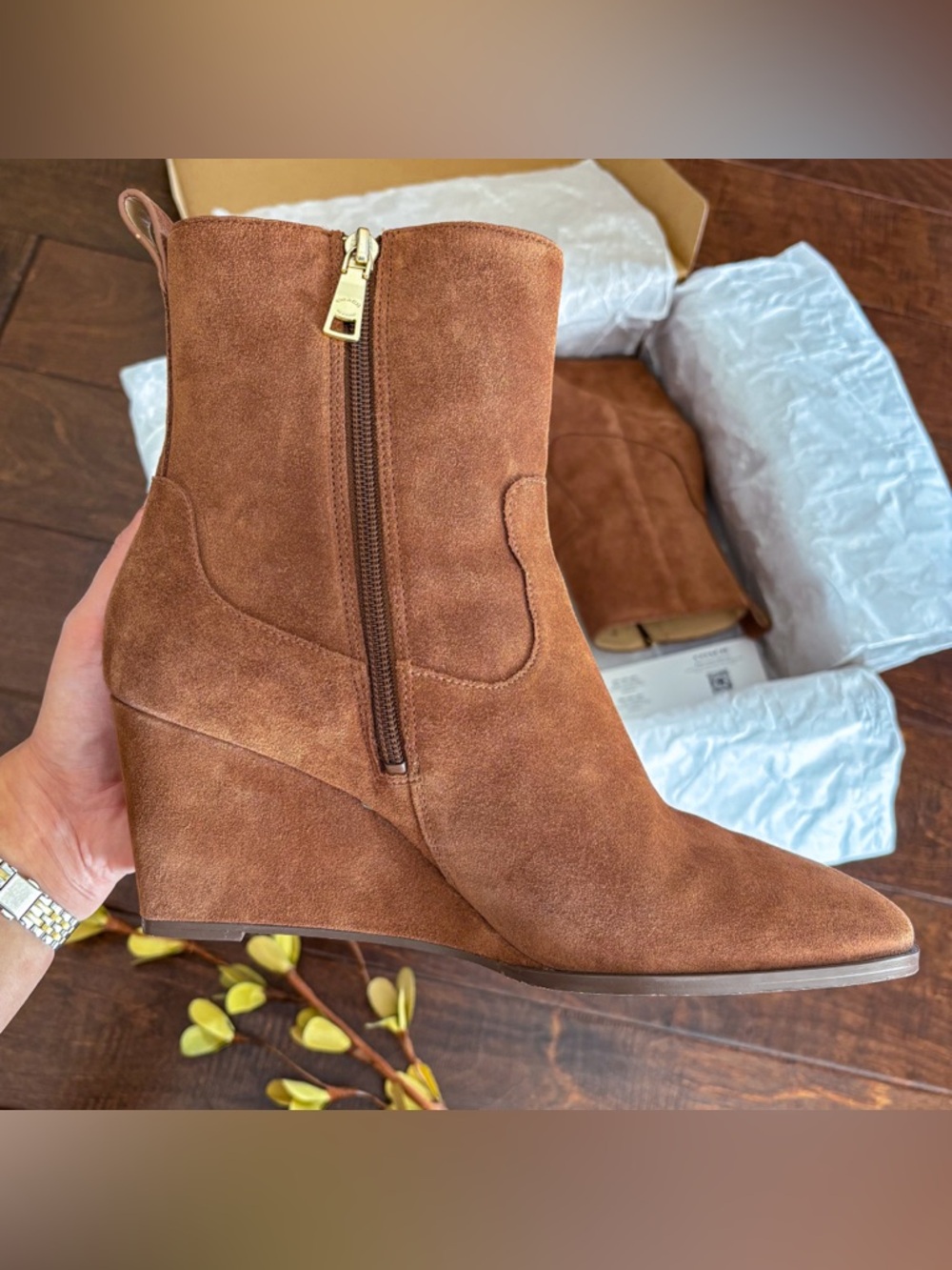 Coach suede wedge booties.
